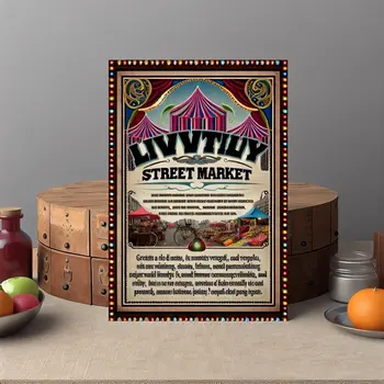 A flyer announcing a street market visually engaging featuring natural food, and second hand supplies-a Circus old-style flyer.png